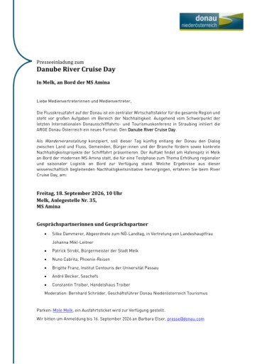 Presseeinladung zum Danube River Cruise Day am 18. September 2026 in Melk