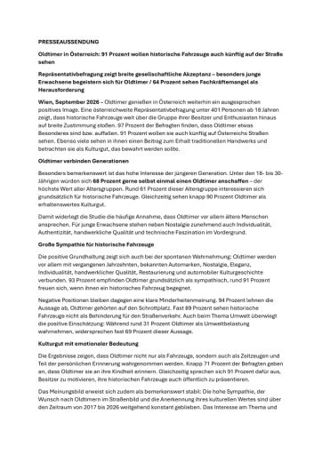 Vorschau Bild von Presseaussendung zu den ersten Ergebnissen (Repräsentativbefragung Österreich 18-80 Jahre) der Studie OLDTIMER IN ÖSTERREICH 2026, durchgeführt von Mag. Christian Schamburek, BA und MMag. Robert Sobotka, MBA (Telemark Marketing)