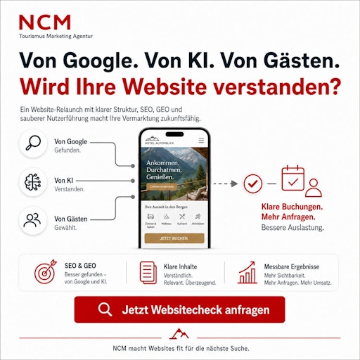 Eine Hotelwebsite ist nur dann erfolgreich, wenn sie von Google,
von KI und von Gästen gleichermaßen verstanden wird.