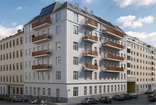 Visualisierte Hausfassade mit Balkonen und neu ausgebautem
Dachgeschoss: Kleistgasse 29 in 1030 Wien