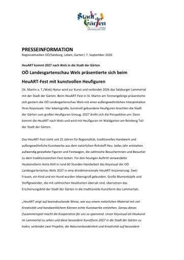 Vorschau Bild von HeuART kommt 2027 nach Wels in die Stadt der Gärten: OÖ Landesgartenschau Wels präsentierte sich beim HeuART-Fest mit kunstvollen Heufiguren