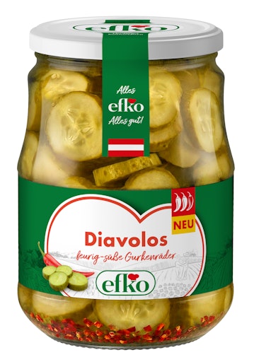 Mit den neuen efko Diavolos erweitert efko sein Gurkensortiment
um feurig-süße Gurkenräder aus 100 Prozent österreichischem Anbau.
