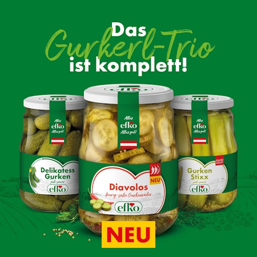 Vorschau Bild von Das österreichische Gurkerl-Trio ist komplett: Die neuen efko
Diavolos ergänzen die klassischen Delikatess Gurken und die
beliebten Gurken-Stixx um eine feurig-süße Variante in Scheibenform.