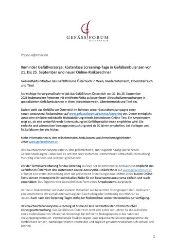 Vorschau Bild von Presse-Info Reminder Gefäßvorsorge: Screeningtage 21.-25.9. in Ambulanzen, Gefäßforum Österreich