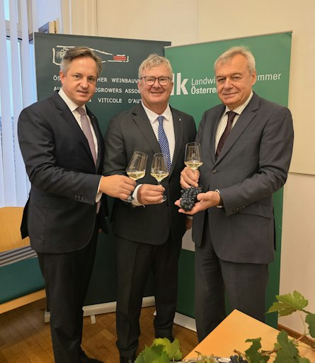 Der Präsident des Österreichischen Weinbauverbands, Johannes
Schmuckenschlager, der Geschäftsführer der Österreich Wein Marketing
GmbH, Chris Yorke, und der Direktor des Österreichischen
Weinbauverbands, Josef Glatt, heute bei der Pressekonferenz zur
Weinernte 2026 an der LK Österreich in Wien.