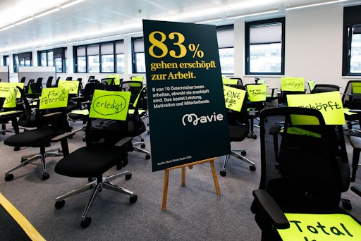 Bei der Mavie Pressekonferenz wurden die Studienergebnisse in
Form von Installationen dargestellt. Auf dem Bild sieht man eines
der Hauptergebnisse: 83 Prozent arbeiten trotz mentaler Erschöpfung
weiter