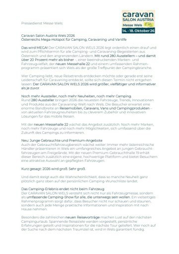 Vorschau Bild von 3. Presseaussendung Caravan Salon Austria Wels, Österreichs Mega Hotspot