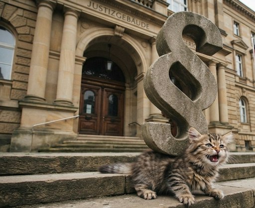 Symbolbild gequälte Katze vor Justizgebäude (KI-generiert) - KI generiert