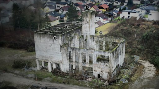 3D-Ansicht des Schotterbrechers im ehemaligen KZ Gusen. Mit
Gaussian Splatting entstehen aus vielen Fotos extrem realistische
3D-Objekte.