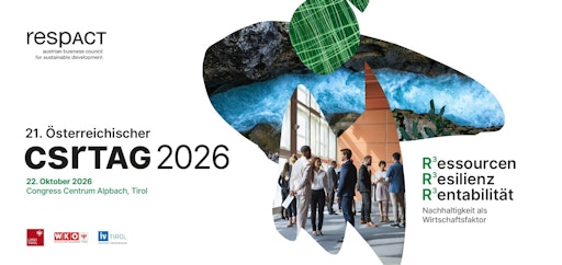 Am 22. Oktober 2026 lädt respACT zum 21. csrTAG ins Congress
Centrum Alpbach ein. Unter dem Motto „R³: Ressourcen. Resilienz.
Rentabilität“ diskutieren mehr als 250 Vertreter*innen aus
Wirtschaft, Politik und Wissenschaft, wie Nachhaltigkeit zum
entscheidenden Wirtschaftsfaktor wird.
