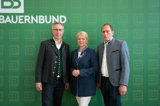Beim Agrarpolitischen Herbstauftakt des Österreichischen
Bauernbundes: Bauernbund-Präsident Georg Strasser, Bundesbäuerin
Irene Neumann-Hartberger und LKÖ-Präsident Josef Moosbrugger (v. l.
n. r.).
