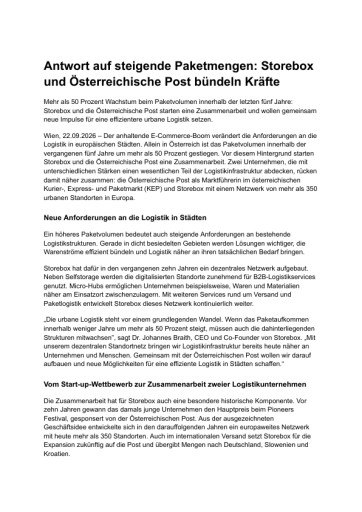 Vorschau Bild von Presseaussendung: Kooperation zwischen Storebox und der Österreichischen Post AG zur Weiterentwicklung der urbanen Logistik auf der letzten Meile