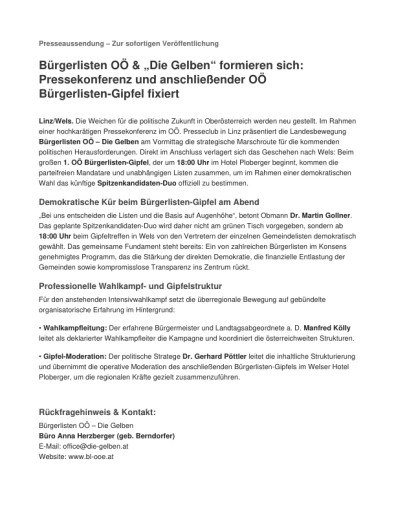 Vorschau Bild von POLAK (politische Akademie der Bürgerlisten Oberösterreich) führt die Gelben. M. Kölly ist da jetzt auch in den Vorstand gestern per Rundumbeschluss gewählt.