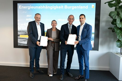 v.l.n.r.: Landeshauptmann Hans Peter Doskozil, Markt- und
Meinungsforscherin Christina Matzka, Univ. Prof. Dr. Peter
Filzmaier, CEO Burgenland Energie Stephan Sharma