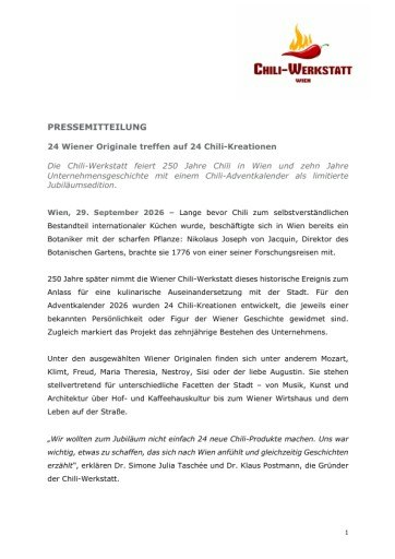 Vorschau Bild von Pressemitteilung: Die Chili-Werkstatt feiert 250 Jahre Chili in Wien und zehn Jahre Unternehmensgeschichte mit einem Chili-Adventkalender als limitierte Jubiläumsedition.