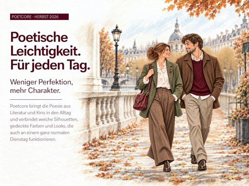Bild zum Beitrag "Poetcore-Trend 2026: Wenn der Herbst-Look wie
ein Roman wirkt" - Bildrechte C&A: Pärchen im Poetcore-Style.
Poetische Leichtigkeit. Für jeden Tag. Poetcore bringt die Poesie
aus Literatur & Kino in den Alltag und verbindet weiche Silhouetten,
gedeckte Farben und Looks, die auch an einem ganz normalen Dienstag
funktionieren. Stichwörter: Poetcore, Modetrend, Herbstmode,
Dichter-Ästhetik, Literaturerfolg, Romantik-Look, Layering //
Weiterer Text über ots und www.presseportal.de/nr/182419 / Die
Verwendung dieses Bildes für redaktionelle Zwecke ist unter
Beachtung aller mitgeteilten Nutzungsbedingungen zulässig und dann
auch honorarfrei. Veröffentlichung ausschließlich mit
Bildrechte-Hinweis.