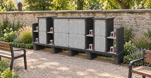 Vorschau Bild von Moderne Urnenwand aus Naturstein für Urnenbestattungen auf
Friedhöfen., KI bearbeitet