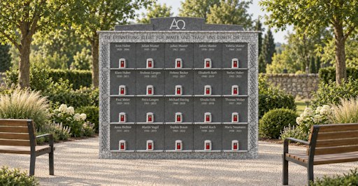 Vorschau Bild von Moderne Urnenwand aus Naturstein von Stone Lounge, aufgestellt in
einer gepflegten Friedhofsanlage mit Sitzbänken. Hochwertiges
Kolumbarium für ein würdevolles Gedenken., KI bearbeitet