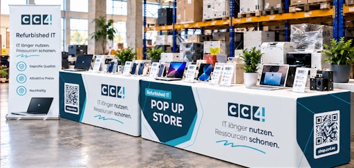CC4-Pop-up-Store: der mobile Verkaufsstand des
IT-Remarketing-Spezialisten bringt professionell aufbereitete
Gebrauchtgeräte unmittelbar zu den Mitarbeiterinnen und Mitarbeitern
ins Unternehmen. Notebooks, Tablets und weiteres IT-Equipment können
vor Ort begutachtet, getestet und direkt erworben werden. - KI generiert