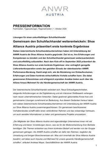 Vorschau Bild von Gemeinsam den Schuhfachhandel weiterentwickeln: Shoe Alliance Austria präsentiert erste konkrete Ergebnisse.