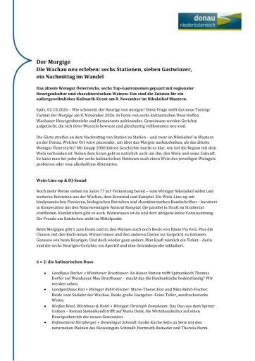 Vorschau Bild von Pressemitteilung zur Kulinarik-Veranstaltung "Der Morgige" am 8. November in Mautern