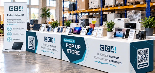 CC4-Pop-up-Store: der mobile Verkaufsstand des
IT-Remarketing-Spezialisten bringt professionell aufbereitete
Gebrauchtgeräte unmittelbar zu den Mitarbeiterinnen und Mitarbeitern
ins Unternehmen. Notebooks, Tablets und weiteres IT-Equipment können
vor Ort begutachtet, getestet und direkt erworben werden.