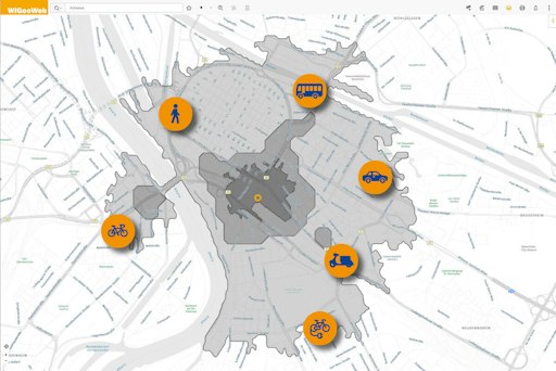 Das neue WIGeoWeb 5.3 berechnet Einzugsgebiete auf Basis von
öffentlichen Verkehrsmitteln, Zweirad oder nach Potenzialen.