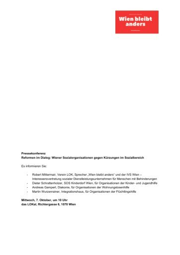 Vorschau Bild von Unterlagen zur Pressekonferenz "Reformen im Dialog: Wiener Sozialorganisationen gegen Kürzungen im Sozialbereich" des Bündnisses "Wien bleibt anders" (Kurz- und Langfassung)