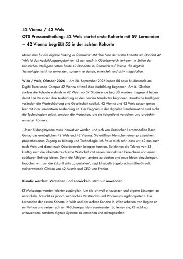 Vorschau Bild von OTS-Pressemitteilung: 42 Wels startet erste Kohorte mit 59 Lernenden – 42 Vienna begrüßt 55 in der achten Kohorte