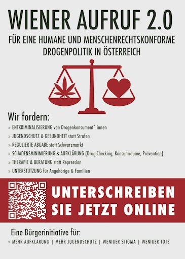 Plakat der parlamentarischen Bürgerinitiative ‚Wiener Aufruf 2.0‘
für eine humane und menschenrechtskonforme Drogenpolitik in
Österreich. - KI generiert