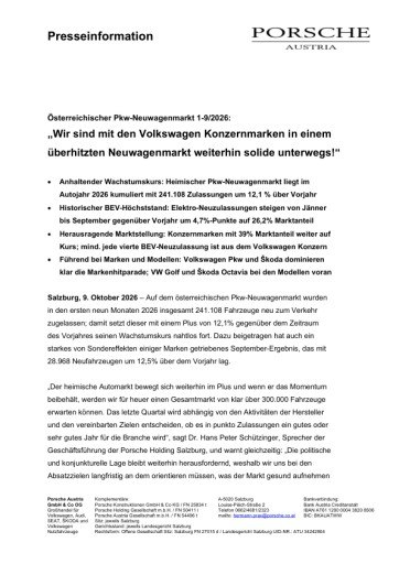 Vorschau Bild von Österreichischer Pkw-Neuwagenmarkt 1-9/2026: „Wir sind mit den Volkswagen Konzernmarken in einem überhitzten Neuwagenmarkt weiterhin solide unterwegs!“