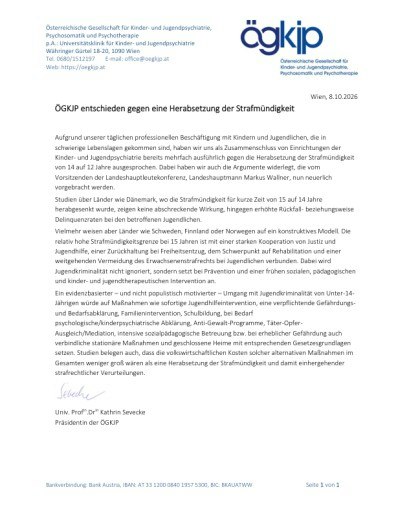 Vorschau Bild von Die ÖGKJP ist entschieden gegen eine Herabsetzung der Strafmündigkeit in Österreich.