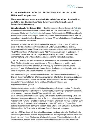Vorschau Bild von Pressemitteilung EcoAustria zur EcoAustria-Studie: MCI stärkt Tiroler Wirtschaft mit bis zu 120 Millionen Euro pro Jahr
