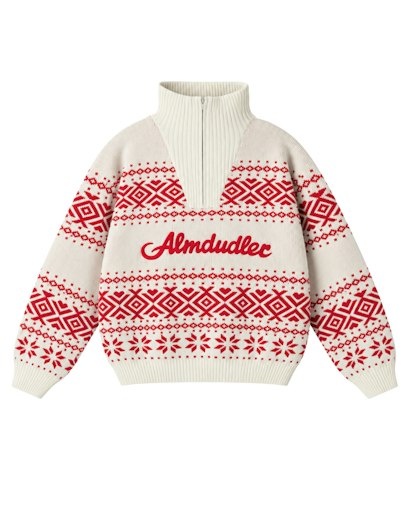 Vorschau Bild von Retro-Strickpullover: Cremefarbener Baumwollpullover mit rotem
Norwegermuster, gefertigt in der Türkei – 99,90 Euro