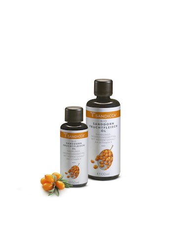 Bio-Sanddornfruchtfleischöl in der 50ml und 100ml
Violett-Glasflasche