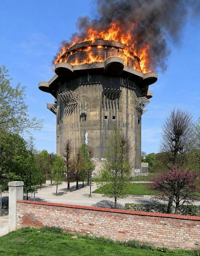Künstlerische Darstellung des brennenden Flakturm, kein realer
Brand. - KI bearbeitet