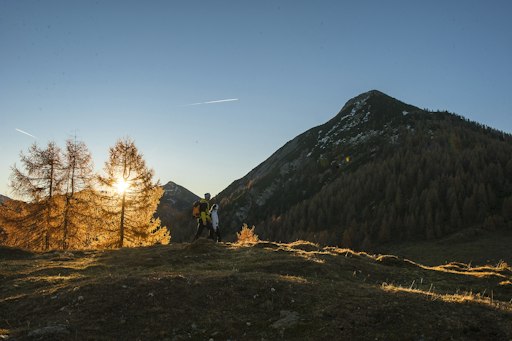 Zwei Personen unterwegs in Altenmarkt-Zauchensee, Teil von
Österreichs Wanderdörfer: Die Herbststimmung auf den Lackenalmen ist
wunderbar, goldenes Licht, bunte Blätter.