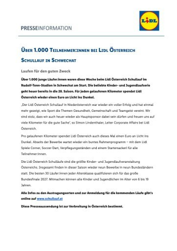 Vorschau Bild von PDF Pressemitteilung - Lidl Schullauf in Niederösterreich