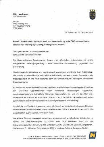 Vorschau Bild von NÖ Verkehrslandesrat LH-Stellvertreter fordert in einem offenen Brief an den ÖBB-Vorstand rasche Verbesserungen für Pendler