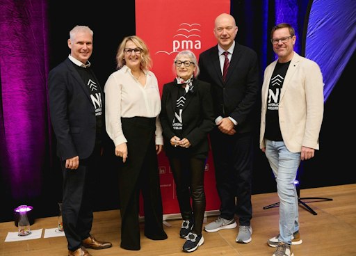 Vorschau Bild von Gruppenfoto mit Günther Lauer (pma Vorstand), Sabine T. Köszegi
(Professorin TU Wien), Brigitte Schaden (pma Präsidentin), Franz
Kühmayer (Zukunftsforscher), Robert Schanzer (pma Vorstand).