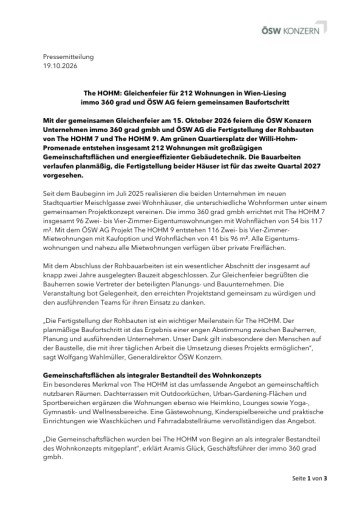 Vorschau Bild von Pressemitteilung: Gleichenfeier für The HOHM