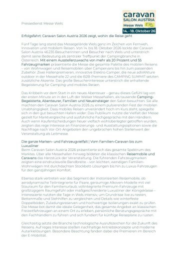 Vorschau Bild von Pressemitteilung der Caravan Salon Austria 2026