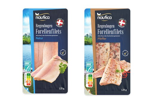 „Nautica Regenbogen Forellenfilets Natur, 125g“ und „Nautica
Regenbogen Forellenfilets Pfeffer, 125g“