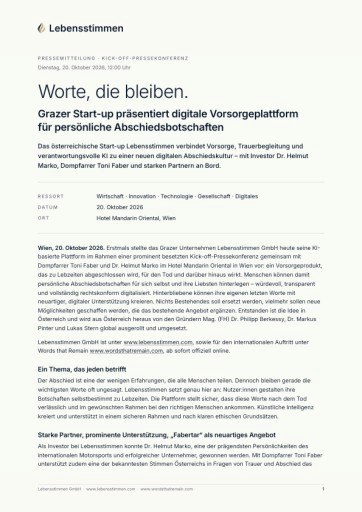 Vorschau Bild von Pressemitteilung zur Lebensstimmen-Pressekonferenz am 20. Oktober 2026 in Wien.