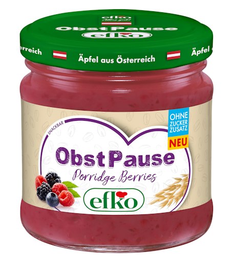 efko ObstPause Porridge Berries kombiniert Apfel mit Erdbeeren,
Heidelbeeren, Himbeeren und Hafer.