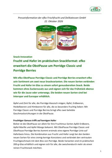 Vorschau Bild von Frucht und Hafer im praktischen Snackformat: efko erweitert die ObstPause um Porridge Classic und Porridge Berries