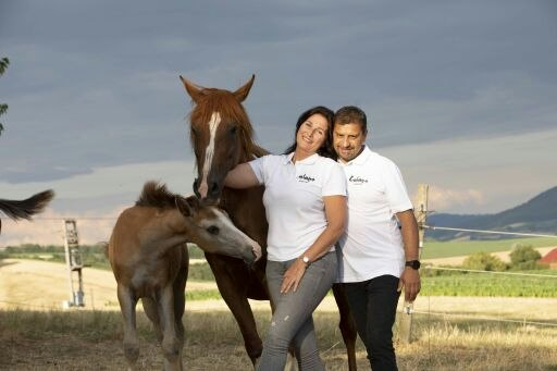 Daniela Vadehra (Gründerin, Produktentwicklerin und Futterberaterin) und Anil Vadehra (Geschäftsführer) mit Pferden © Nora Köck