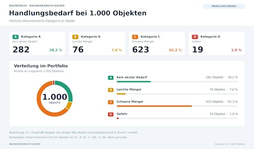 Verteilung der höchsten Befundkategorie je 1.000 Objekte: A 282,
B 76, C 623 und D 19. Die Anteile der Kategorien C und D ergeben
zusammen 64,2 %.