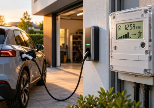Elektroauto lädt am Smart Meter (KI generiert)