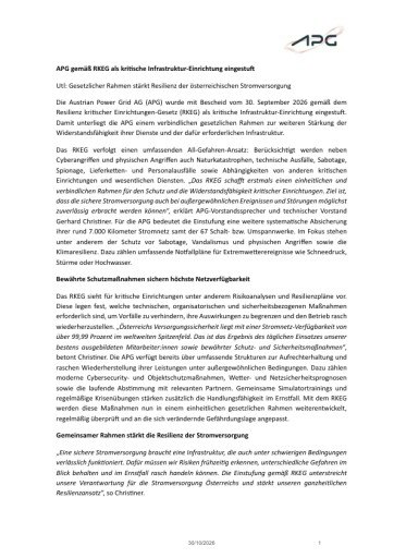 Vorschau Bild von APG gemäß RKEG als kritische Infrastruktur-Einrichtung eingestuft